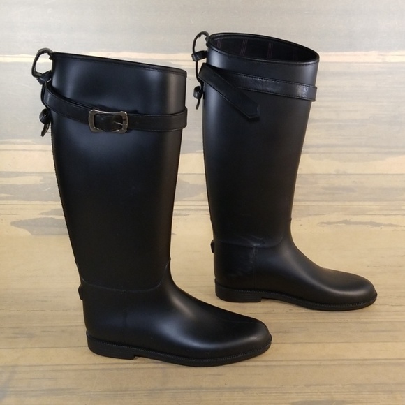 Womens Black Riding Rain Rubber Boots - Picture 3 of 9
